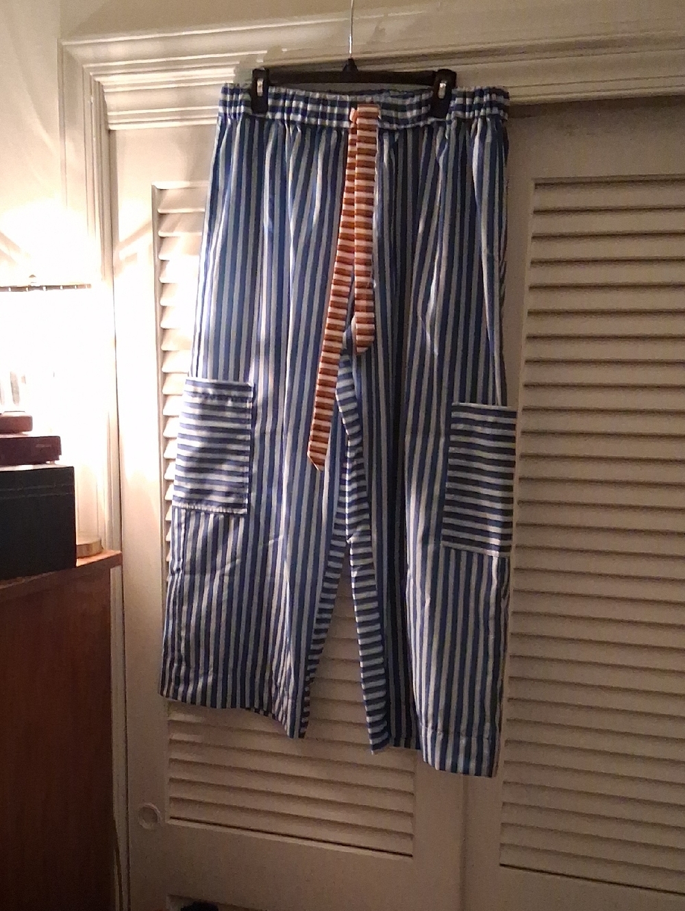 Fashion Clothing Blue & White Striped Cropped Pants with Orange Accent